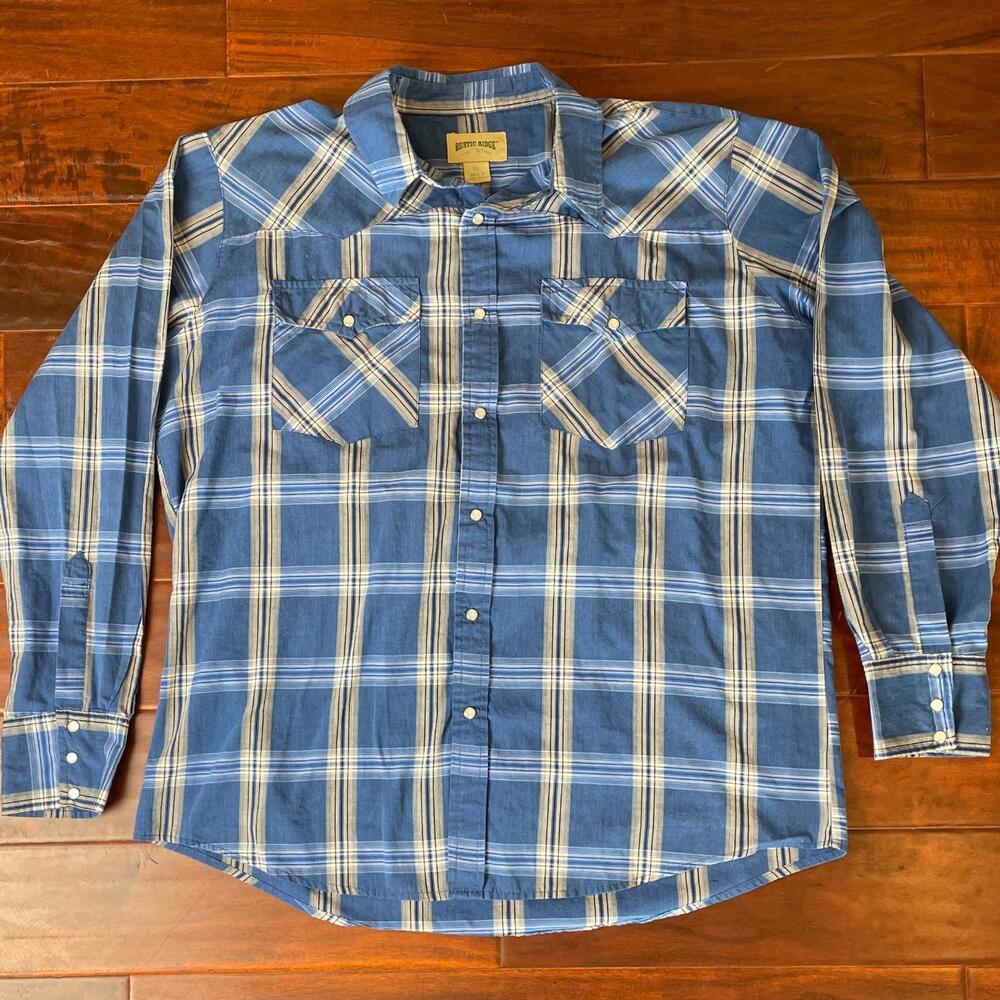 VTG Rustic Ridge Western Shirt Mens X-Large Blue Plaid Long Sleeve Pearl Snap
